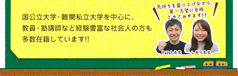 国公立大学・難関私立大学を中心に、教員・塾講師など経験豊富な社会人の方も多数在籍しています