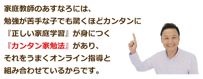 家庭教師のあすなろには、勉強が苦手な子でも驚くほどカンタンに『正しい家庭学習』が身につく【カンタン家勉法】があり、それをうまくオンライン指導と組み合わせているからです。