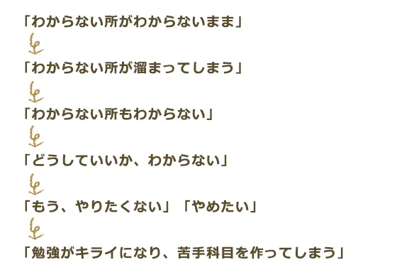 「わからない所がわからないまま」→「わからない所が溜まってしまう」→「わからない所もわからない」→「どうしていいか、わからない」→「もう、やりたくない」「やめたい」→「勉強がキライになり、苦手科目を作ってしまう」