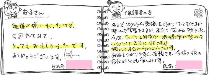 ・お子さんの声「勉強が嫌いだったけど、今回やってみて、とってもおもしろかったです。ありがとうございます」・保護者の方の声「今までどうしたら勉強を好きになってもらえるか、楽しんで学習できるか、本当に悩みのタネでした。今回、たった2時間で娘の表情が変わっていくのには本当にオドロキ！親として本当に嬉しかったです。お話もわかりやすく、信頼でき、今後の娘の変化がとても楽しみです。」