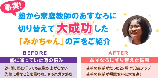 塾から家庭教師のあすなろに切り替えて大成功した『みかちゃん』の声をご紹介